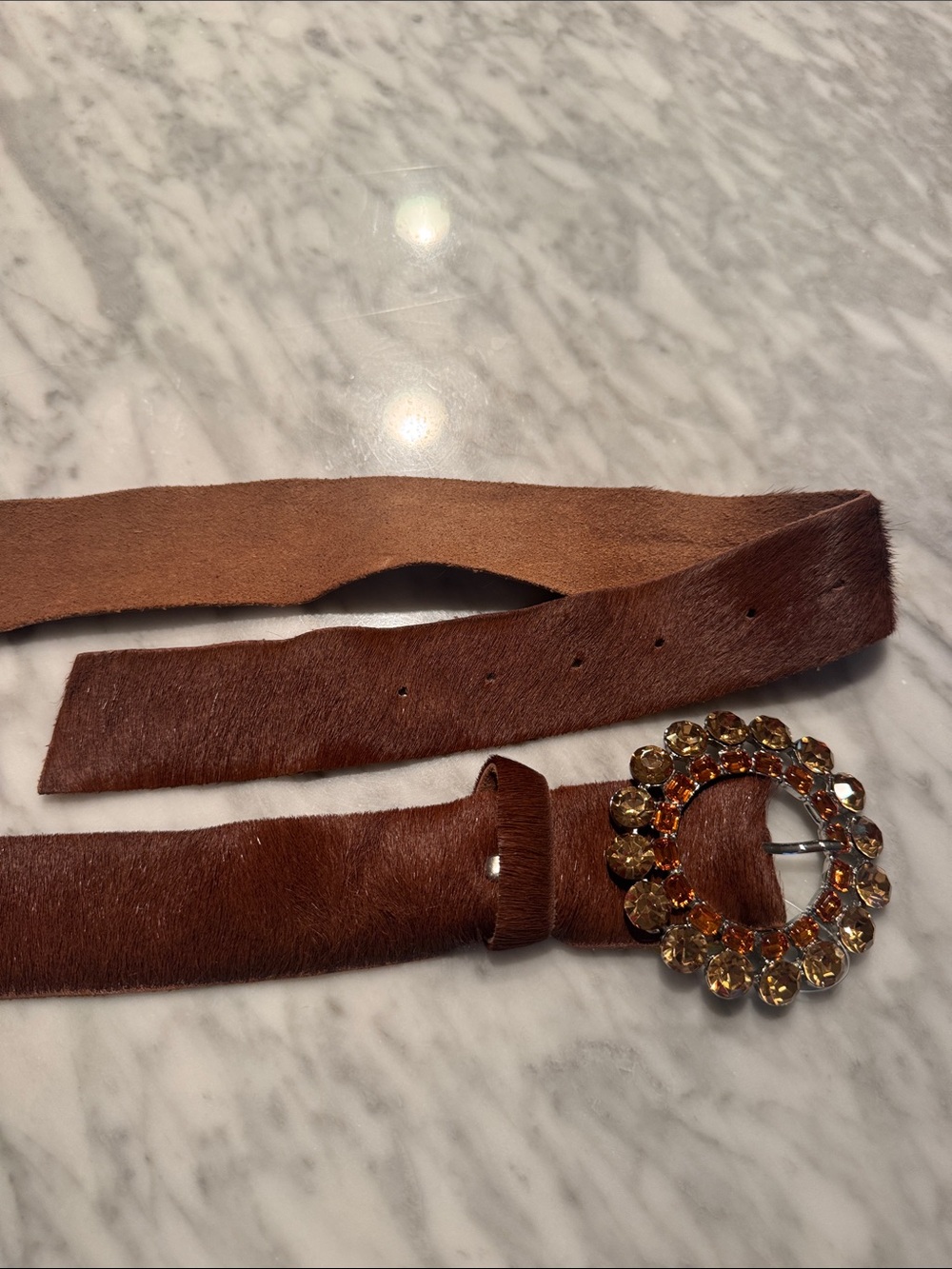 Brown Calf Hair Leather Belt with Round Gemstone Buckle.